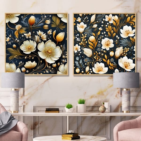 Wall Art Set Navy and Gold Floral Symmetrical Arrangement Framed