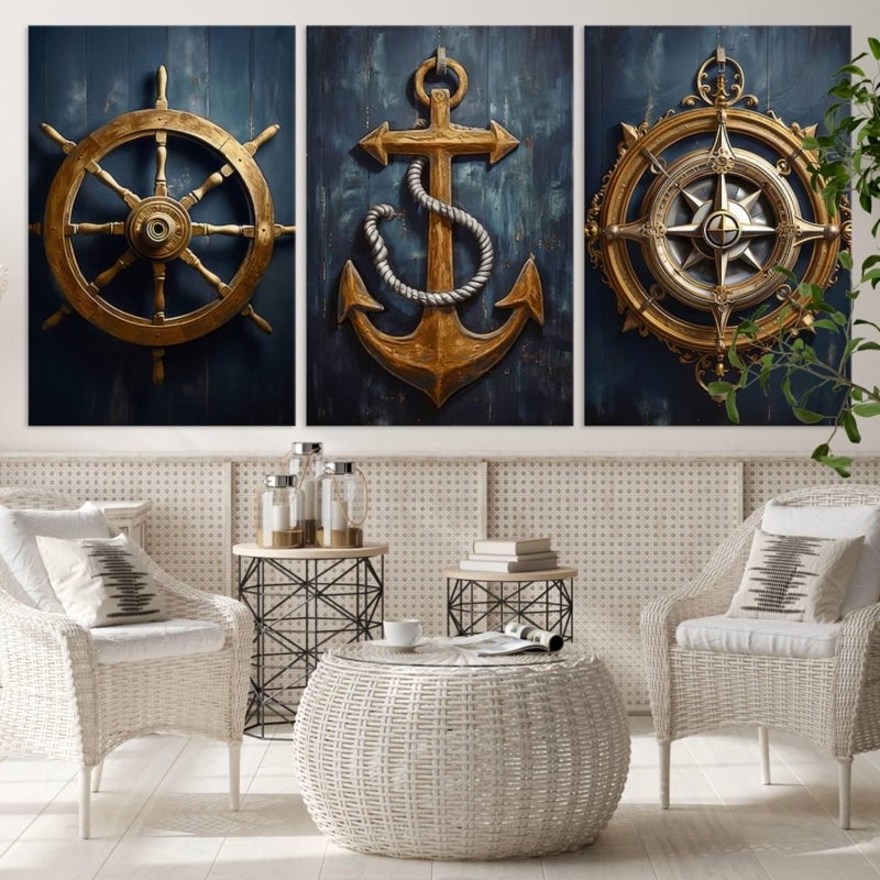 Wall Art Set Navy and Gold Maritime Triptych Canvas Antique Finish