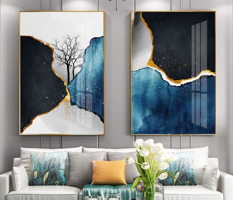 Wall Art Set: Navy Blue Tree Silhouette with Gold Foil Accents (67)