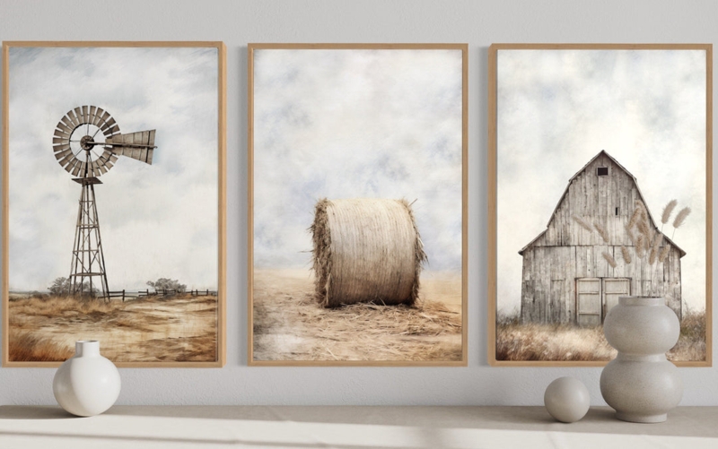 Wall Art Set Neutral Triptych Wall Decor Muted Palette Thin Frame