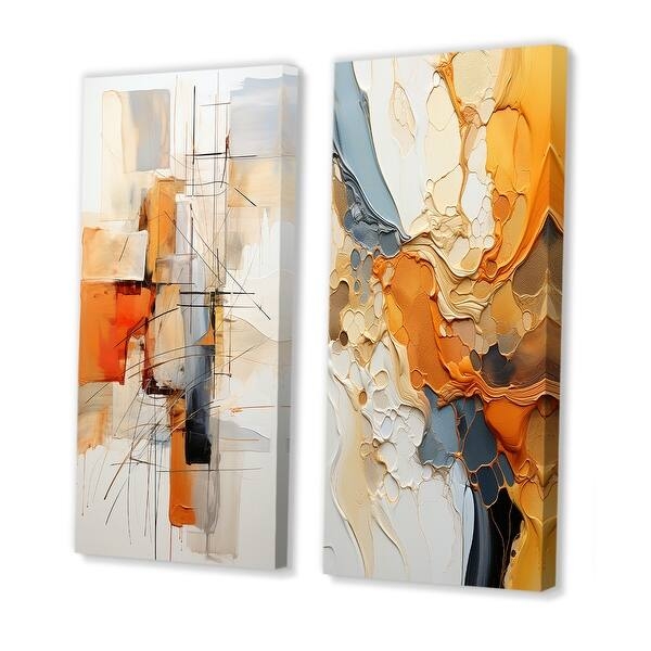 Wall Art: Set of 2 Abstract Orange & Grey Line Art Canvases