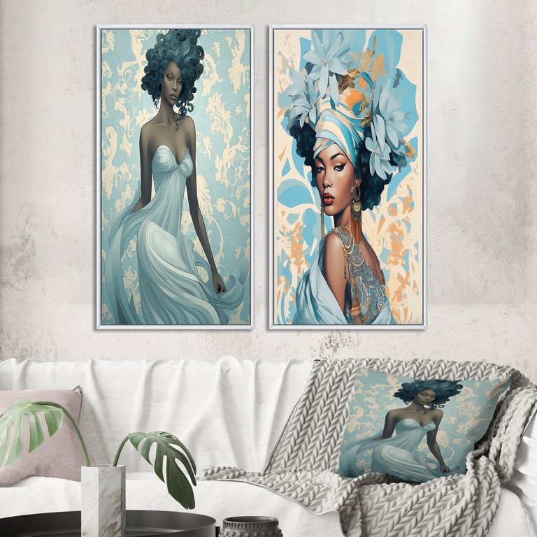 Wall Art Set Of 2 Blue Monochromatic Theme Damask Pattern