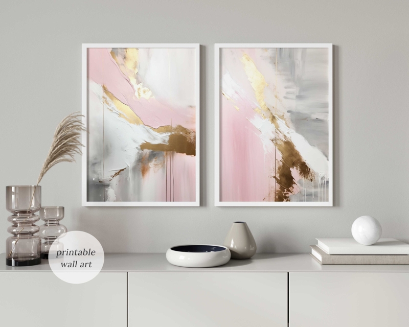 Wall Art Set Of 2 Vertical Diptych Gold Metallic, Modern Gold And Pink Prints