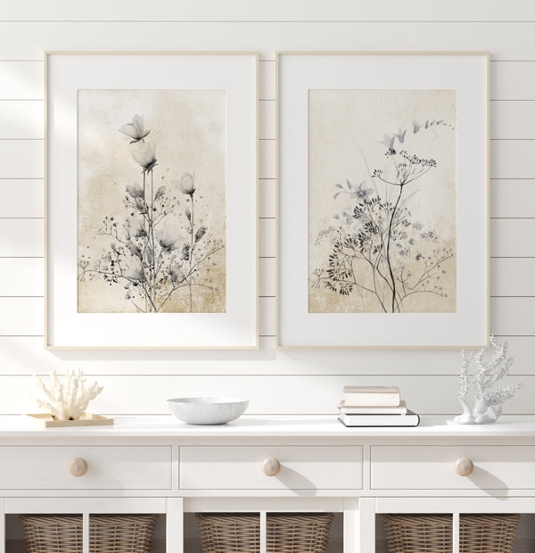 Wall Art Set Of 2 Watercolor Effect Botanical Sketches Sepia Tones Coastal