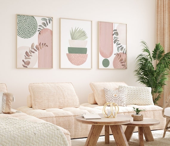 Wall Art Set of 3, Blush and Sage Botanical Abstract Prints.