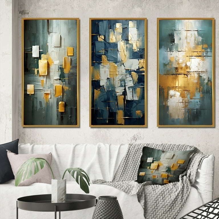 Wall Art: Set of 3 Framed Abstract Blue & Gold Triptych