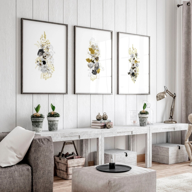 Wall Art: Set of 3 Framed Botanical Prints, Triptych Layout on Shiplap