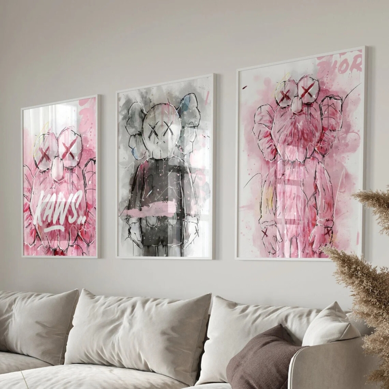 Wall Art Set Of 3 Kaws Inspired Watercolor Style, Modern Street Art Wall Decor