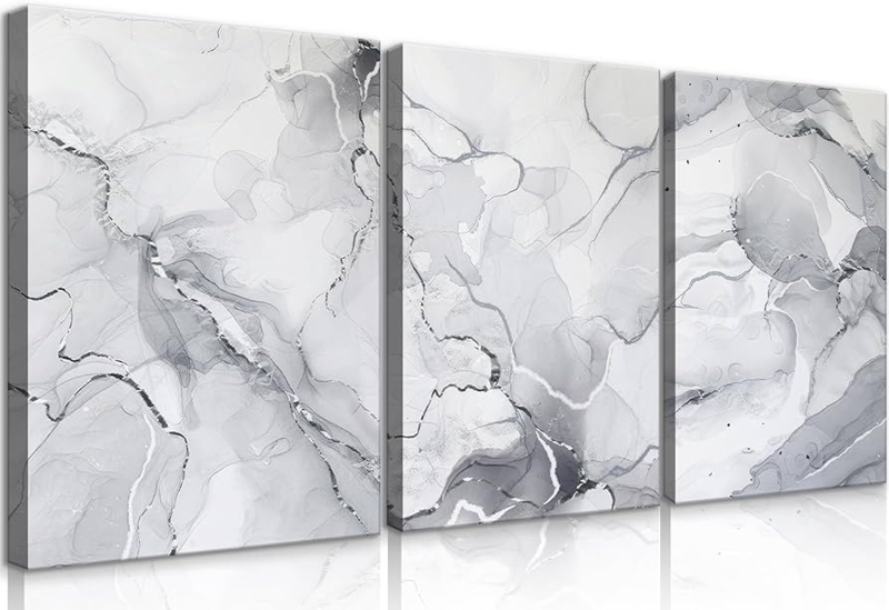 Wall Art Set of 3 Silver Metallic Accents Fluid Marble Ink