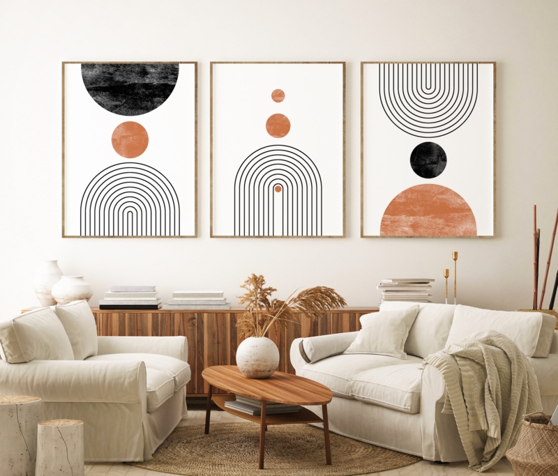 Wall Art Set of 3 Terracotta Geometric Prints, Slatted Wood Sideboard Decor