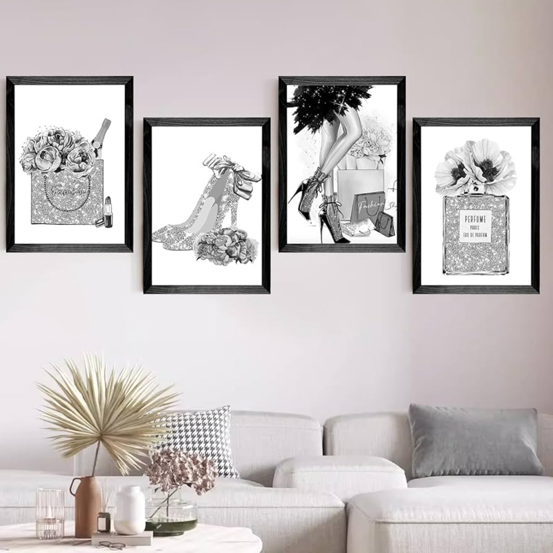 Wall Art Set Of 4 Glitter Accents Fashion Theme Monochrome