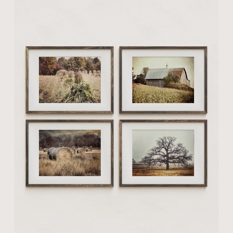 Wall Art Set of 4 Rustic Farmhouse Landscapes Warm Golden Palette Prints