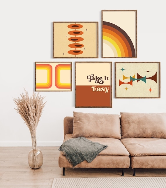 Wall Art Set of 5: 70s Retro Typography & Geometric Prints, Wood Frames