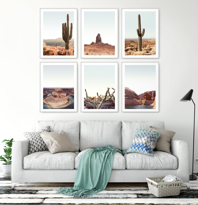 Wall Art Set Of 6 Framed Desert Landscapes Grid Layout, Minimalist Style
