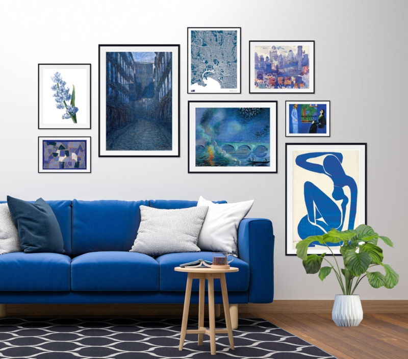 Wall Art Set of 8 Black Frames Blue Gallery Transitional Decor