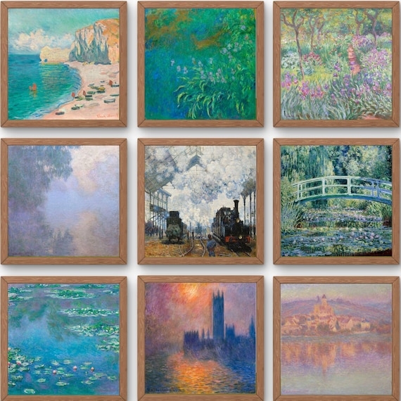 Wall Art Set of 9 Impressionist Square Frames Wood Toned Grid