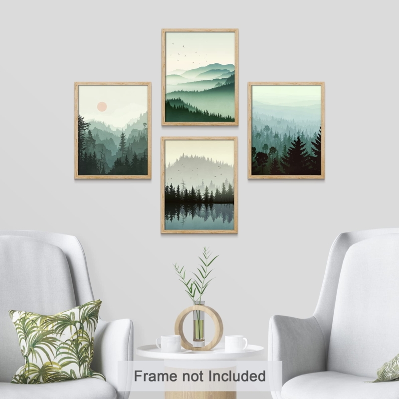 Wall Art Set of Four Misty Forest Landscape Prints Diamond Layout