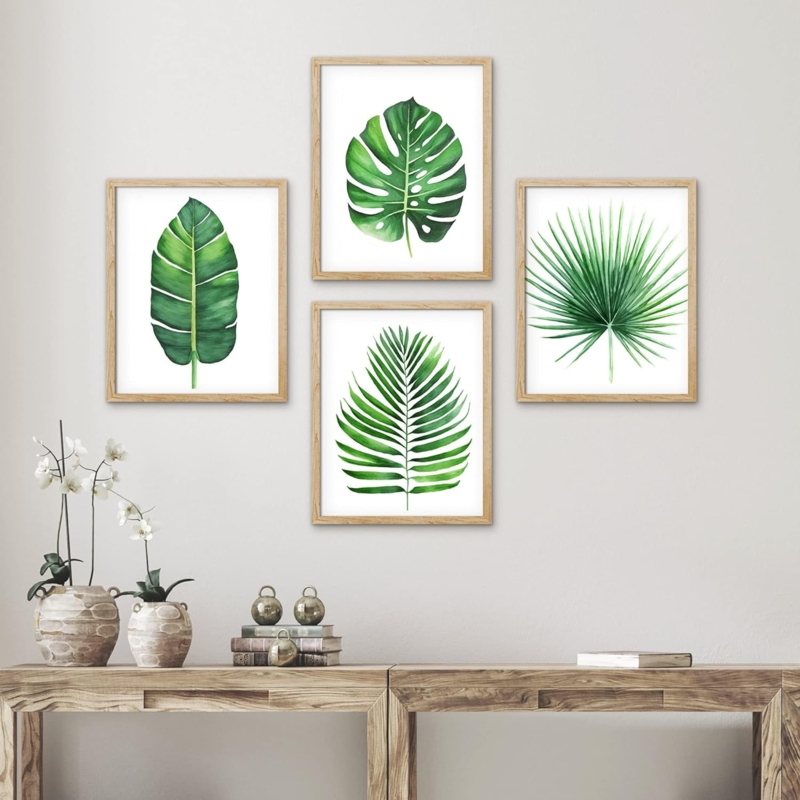 Wall Art Set Of Four Monstera Leaf Palm Leaf Natural Wood Frames