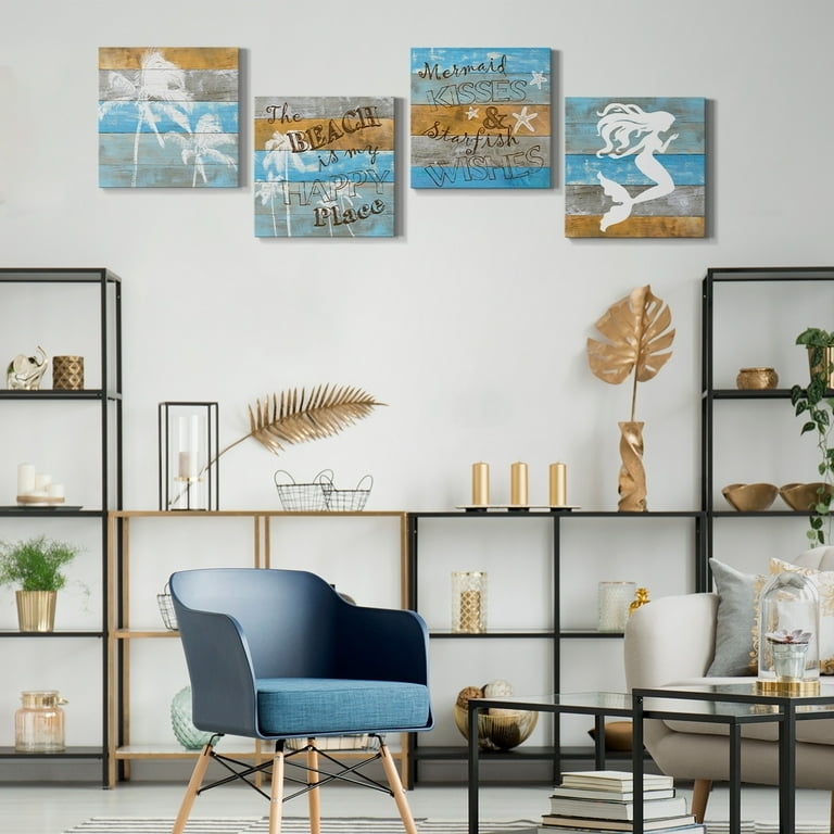 Wall Art Set of Four Weathered Plank Coastal Typography Blue