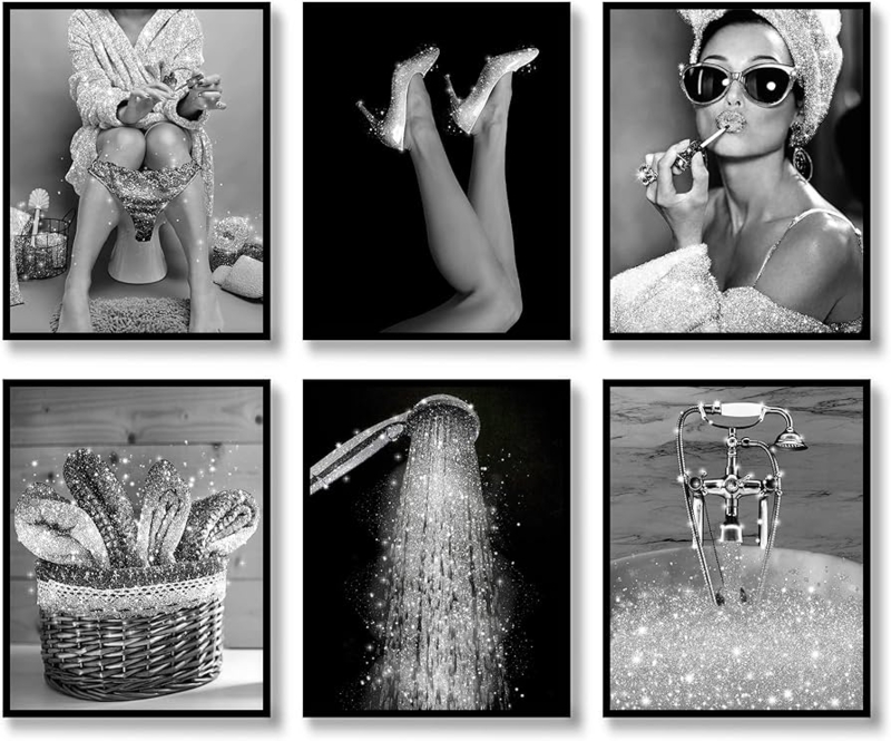 Wall Art Set of Six Glitter Sparkle Accents Bathroom Fashion Theme