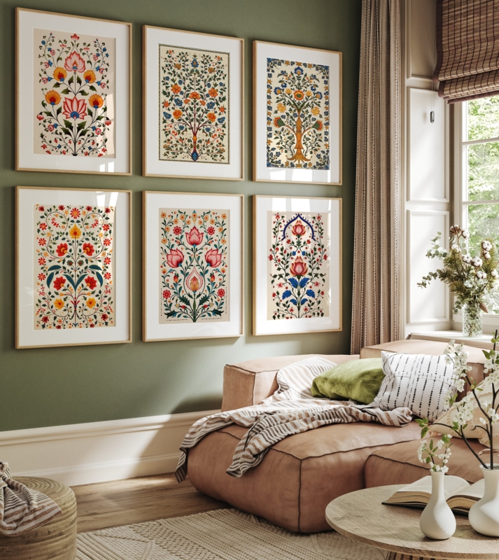 Wall Art Set of Six Indian Floral Prints in Earthy Bohemian Style
