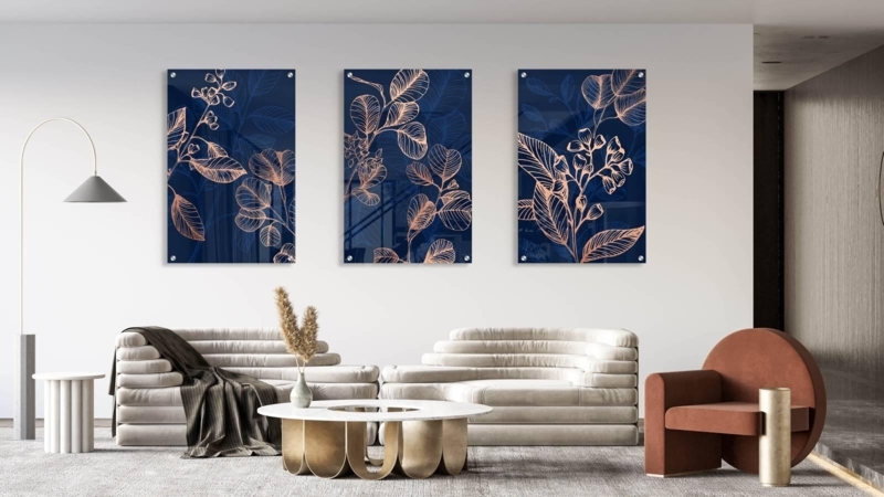 Wall Art Set of Three Botanical Prints, Modern Navy Wall Art Set