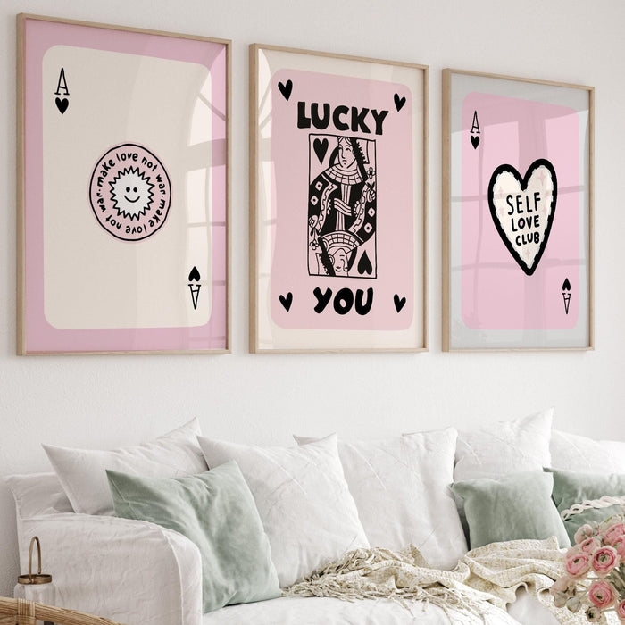 Wall Art Set Of Three Retro Playing Card Motif, Whimsical Typographic Wall Decor