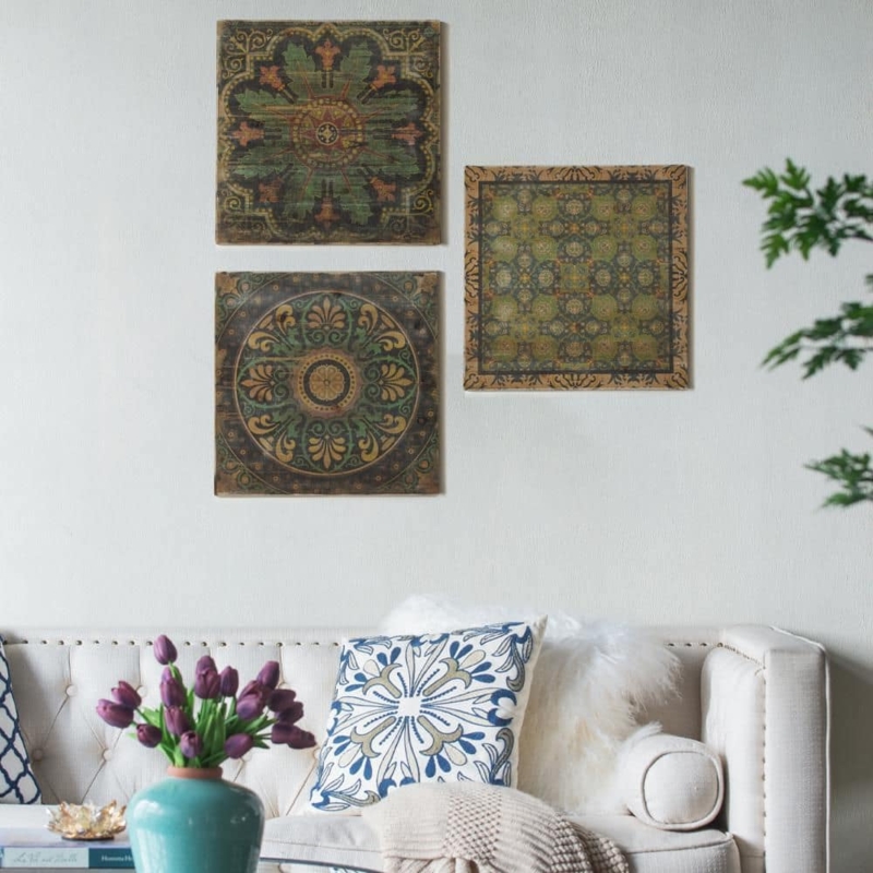 Wall Art Set of Three Square Shape with Distressed Finish Mandalas