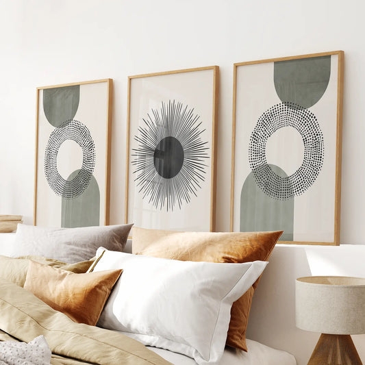 Wall Art Set of Three Stippled Circle Prints in Sage and Charcoal.