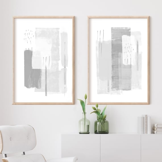 Wall Art Set of Two Framed Abstract Prints with Wood Tone