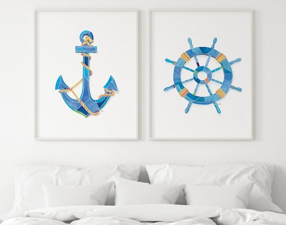 Wall Art Set of Two Mosaic Anchor and Wheel Prints Framed
