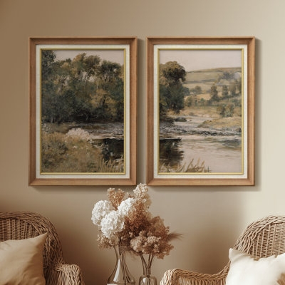 Wall Art Set of Two Wood Toned Frames Traditional Landscape Vintage