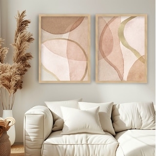 Wall Art Set: Organic Flowing Shapes, Blush and Tan Palette, Wood Frames.