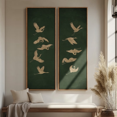 Wall Art Set Organic Transitional Extra Tall Vertical Canvas Gold Crane