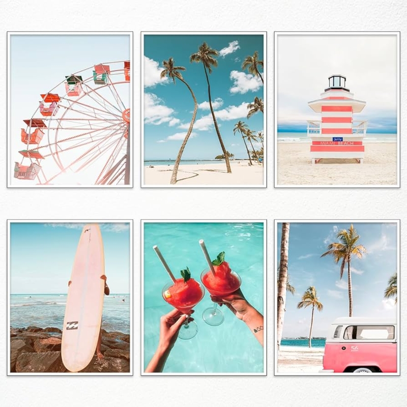 Wall Art Set Pastel Coastal Palette Slim White Frames