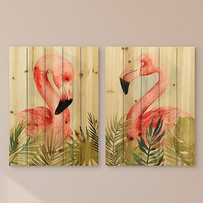 Wall Art Set Planked Wood Watercolor Flamingo Tropical Decor