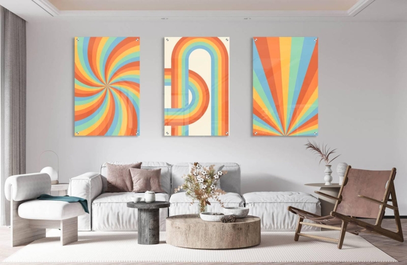 Wall Art Set Retro Rainbow Palette Geometric Print Vibrant Retro Set