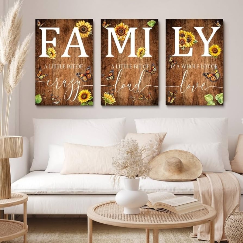 Wall Art Set Rustic Farmhouse Wood Grain Sunflower Butterfly Family