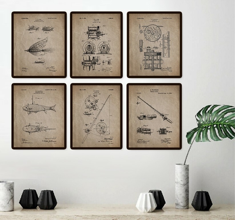 Wall Art Set: Six Framed Fishing Patent Prints, Rustic Industrial Style