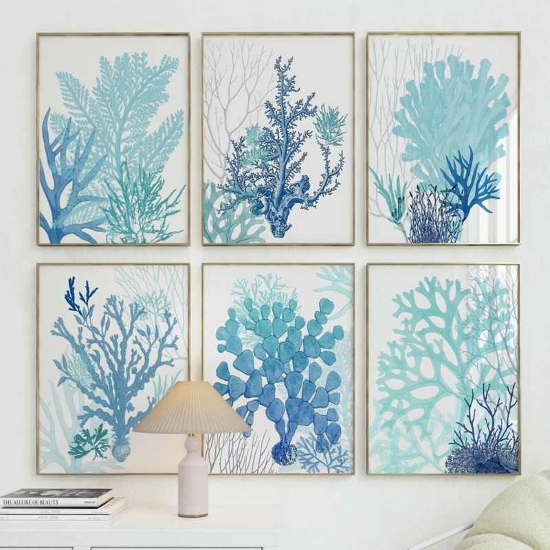 Wall Art Set Six Piece Gold Framed Grid Teal Coral Theme Coastal