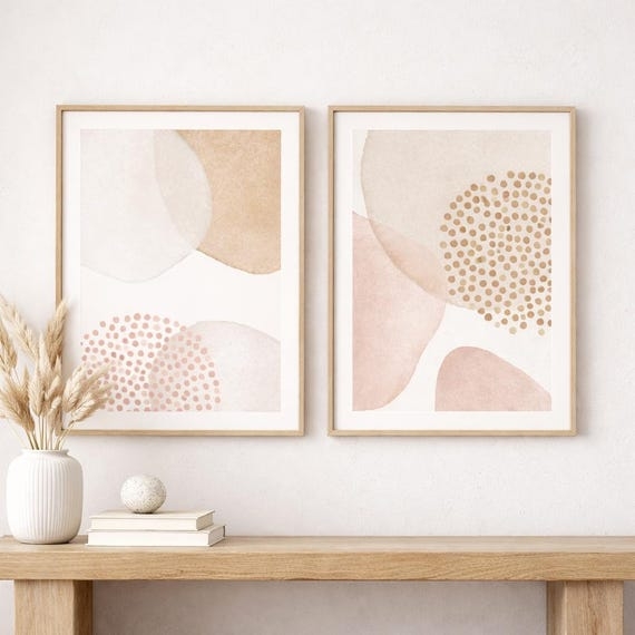 Wall Art Set Stippled Dots Organic Shapes Boho Neutral Palette Blush