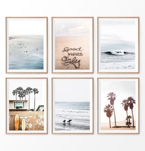 Wall Art Set Surf Photography Wood Toned Frames Minimalist