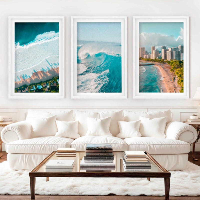 Wall Art Set: Symmetrical Coastal Photography Triptych in White Frames.