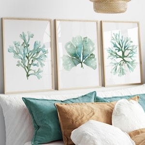 Wall Art Set Teal Watercolor Coral Triptych Set Light Wood Frames