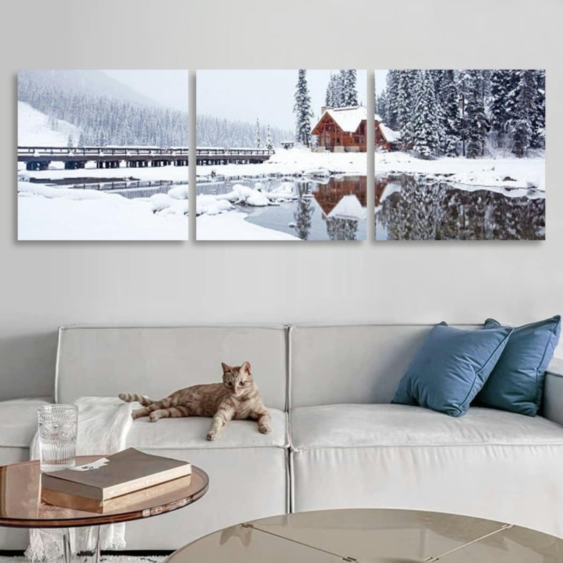 Wall Art Set: Three Piece Canvas Scenic Winter Mountain Lodge Print