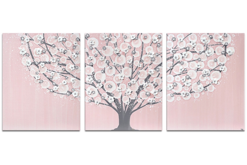 Wall Art Set Triptych 3D Blossoms Raised Accents, Triptych Tree Wall Decor