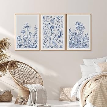 Wall Art Set Triptych Botanical Illustration Navy Blue Chinoiserie
