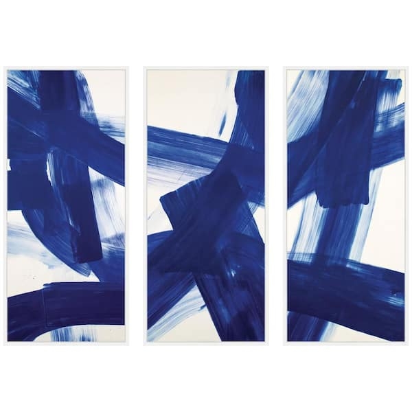 Wall Art Set Triptych Design Cobalt Blue Strokes Contemporary Frames