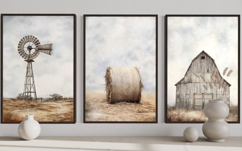 Wall Art Set Triptych Distressed Painterly Style Farmhouse Barn Motif