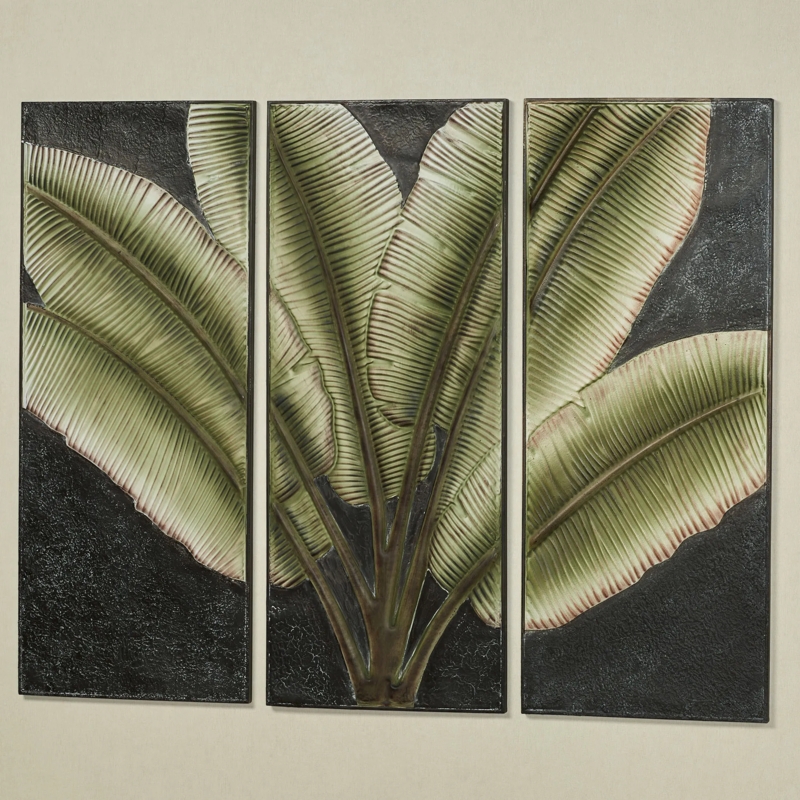 Wall Art Set Triptych Embossed Palm Leaves Metal Panels Antique Finish